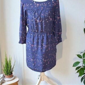 Madewell Floral Silk Long Sleeve Dress in Navy and Pink